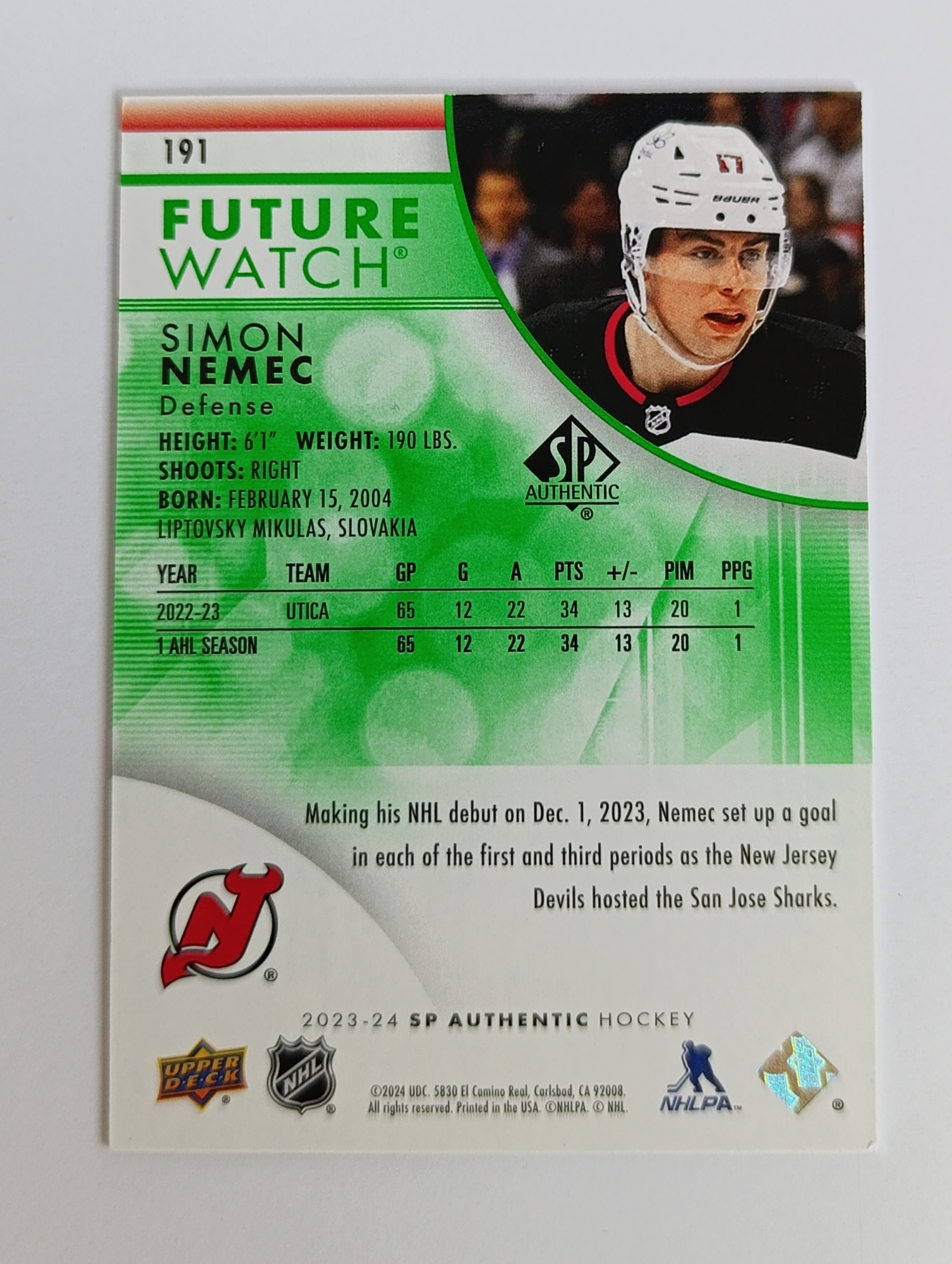 Šimon Nemec (New Jersey Devils, Slovensko) – RC – Future Watch Green Limited – 2023-24 SP Authentic #48/199 – Obrázok 3