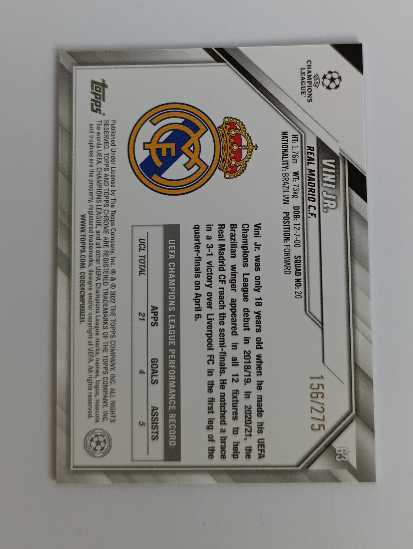 Vini Jr. (Real Madrid, Brazília) – Silver Mini-Diamond Refractor – 2021-22 Topps Chrome UEFA Champions League #156/275 – Obrázok 3
