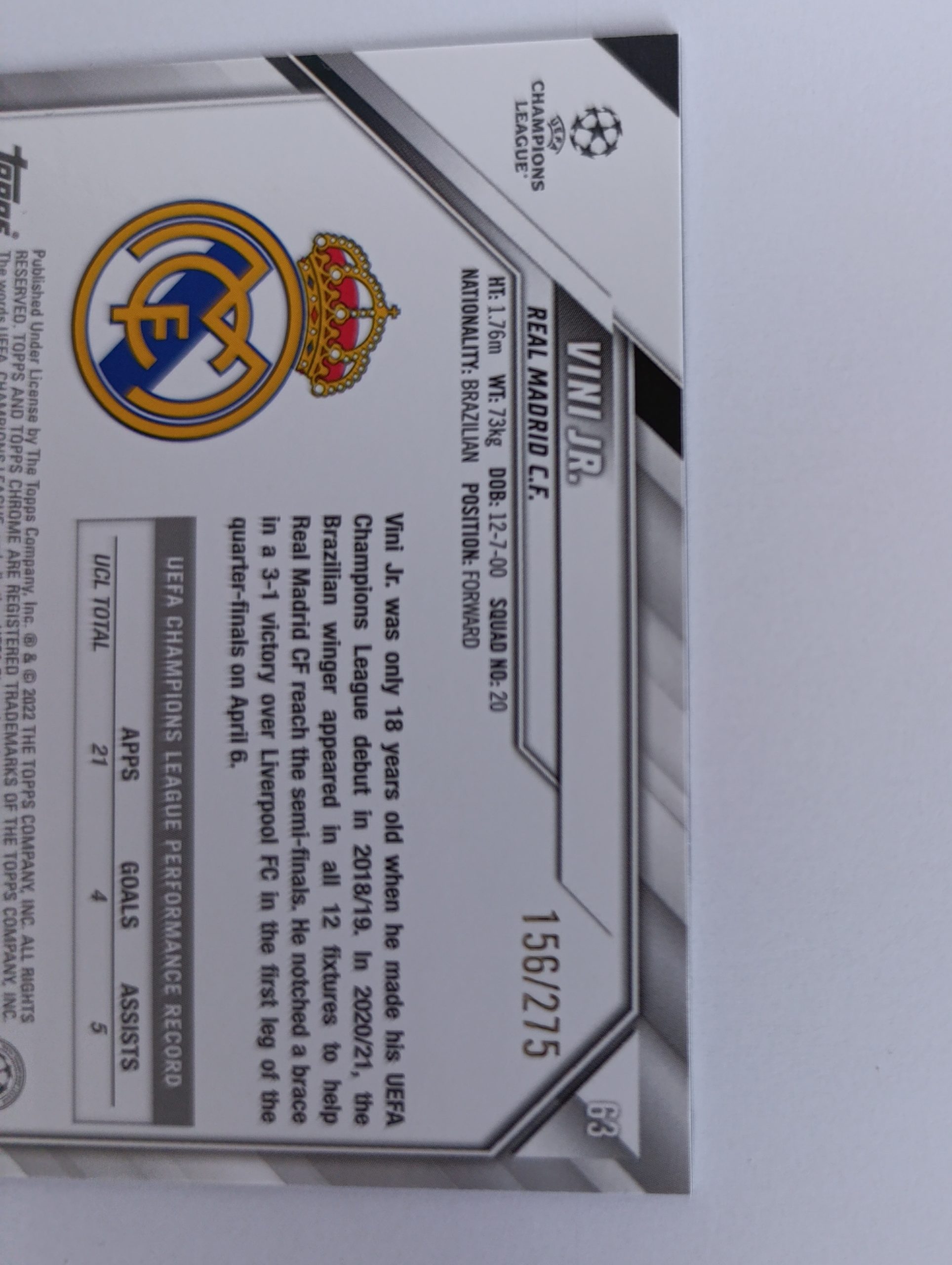 Vini Jr. (Real Madrid, Brazília) – Silver Mini-Diamond Refractor – 2021-22 Topps Chrome UEFA Champions League #156/275 – Obrázok 4