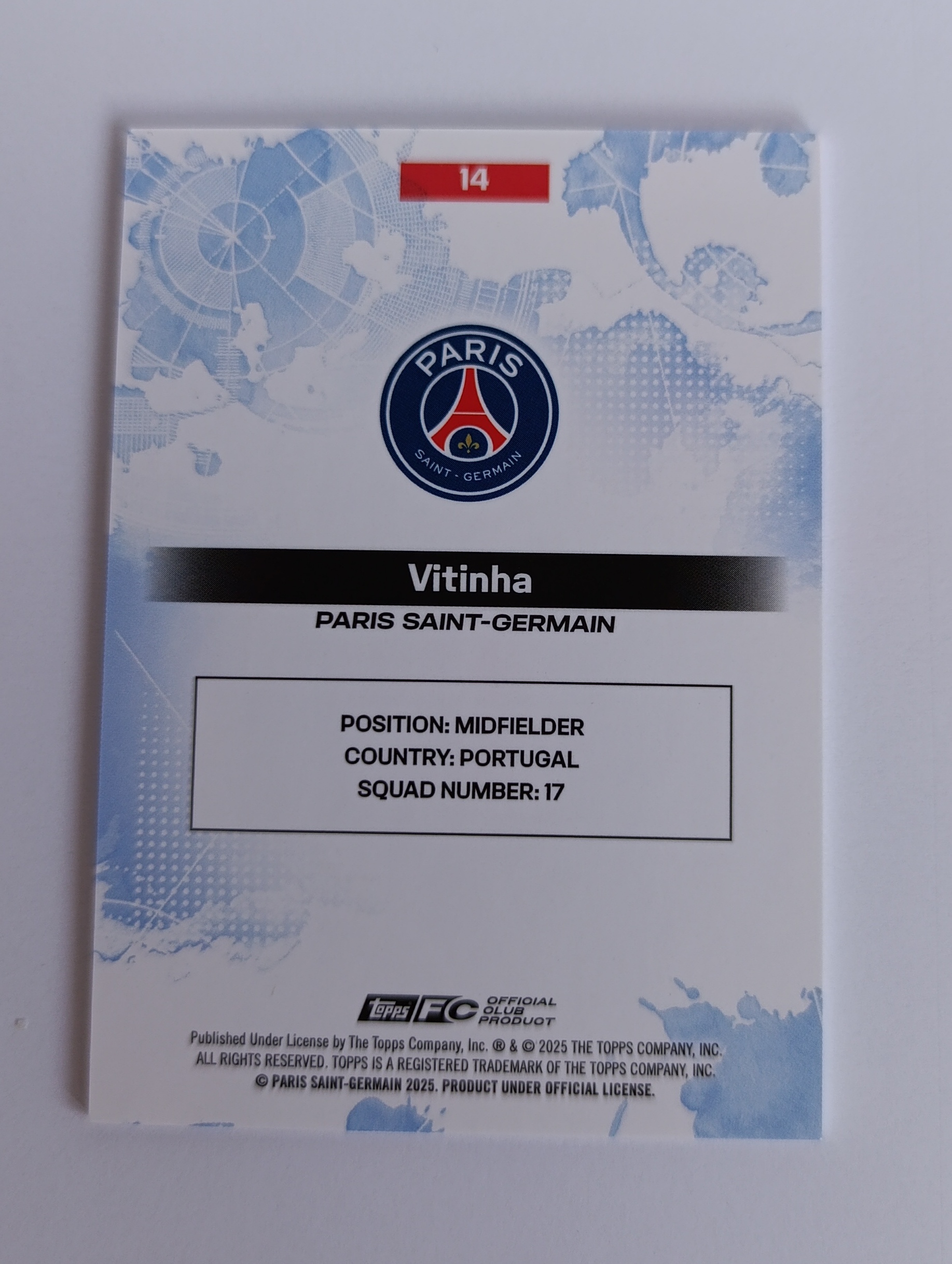 Vitinha (Paris Saint-Germain, Portugalsko) – Blue Parallel – Topps PSG Official Club Product #51/99 – Obrázok 4