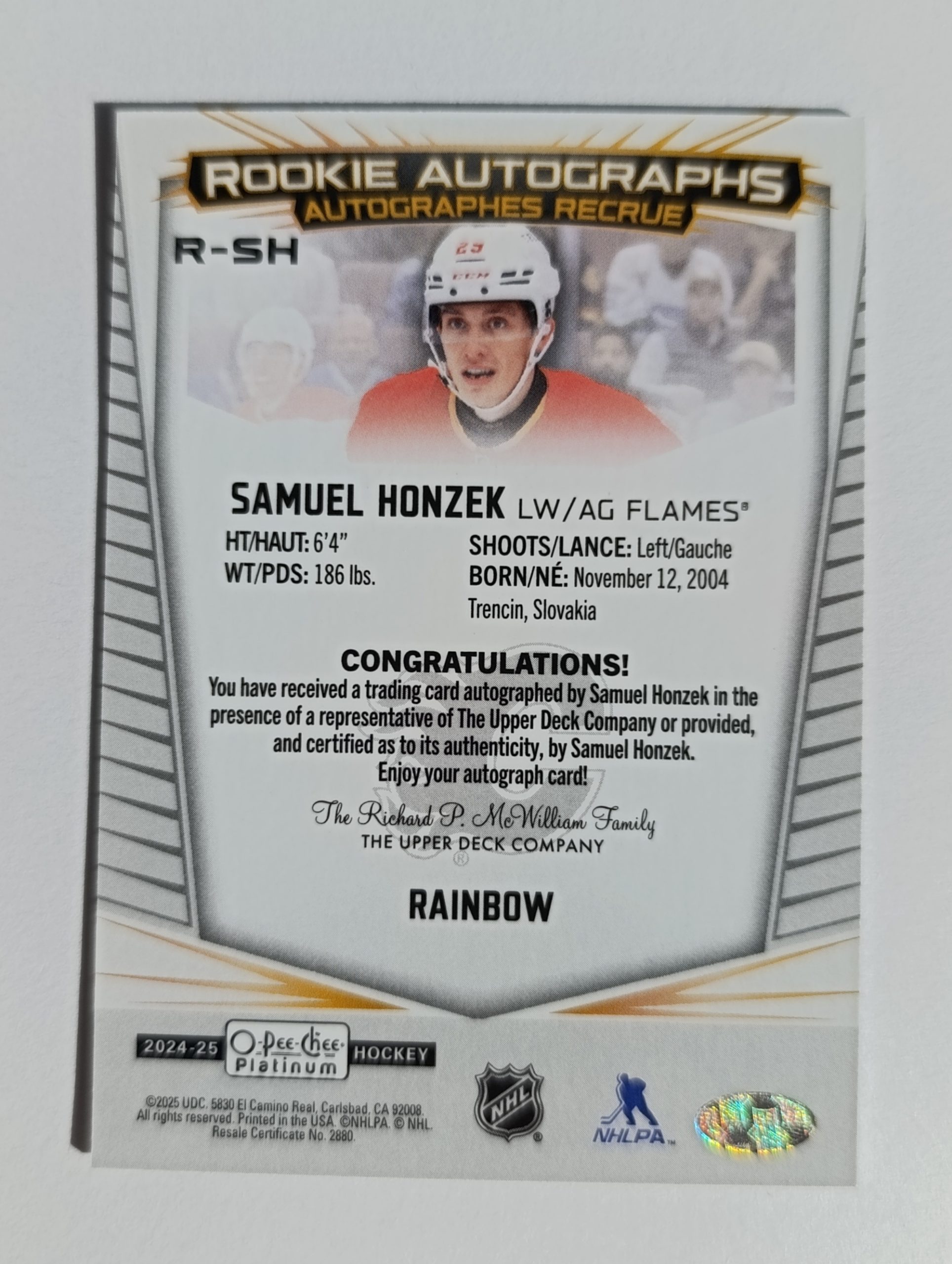 Samuel Honzek (Calgary Flames, Slovensko) – RC Autograph Rainbow – 2024-25 O-Pee-Chee Platinum – Obrázok 3