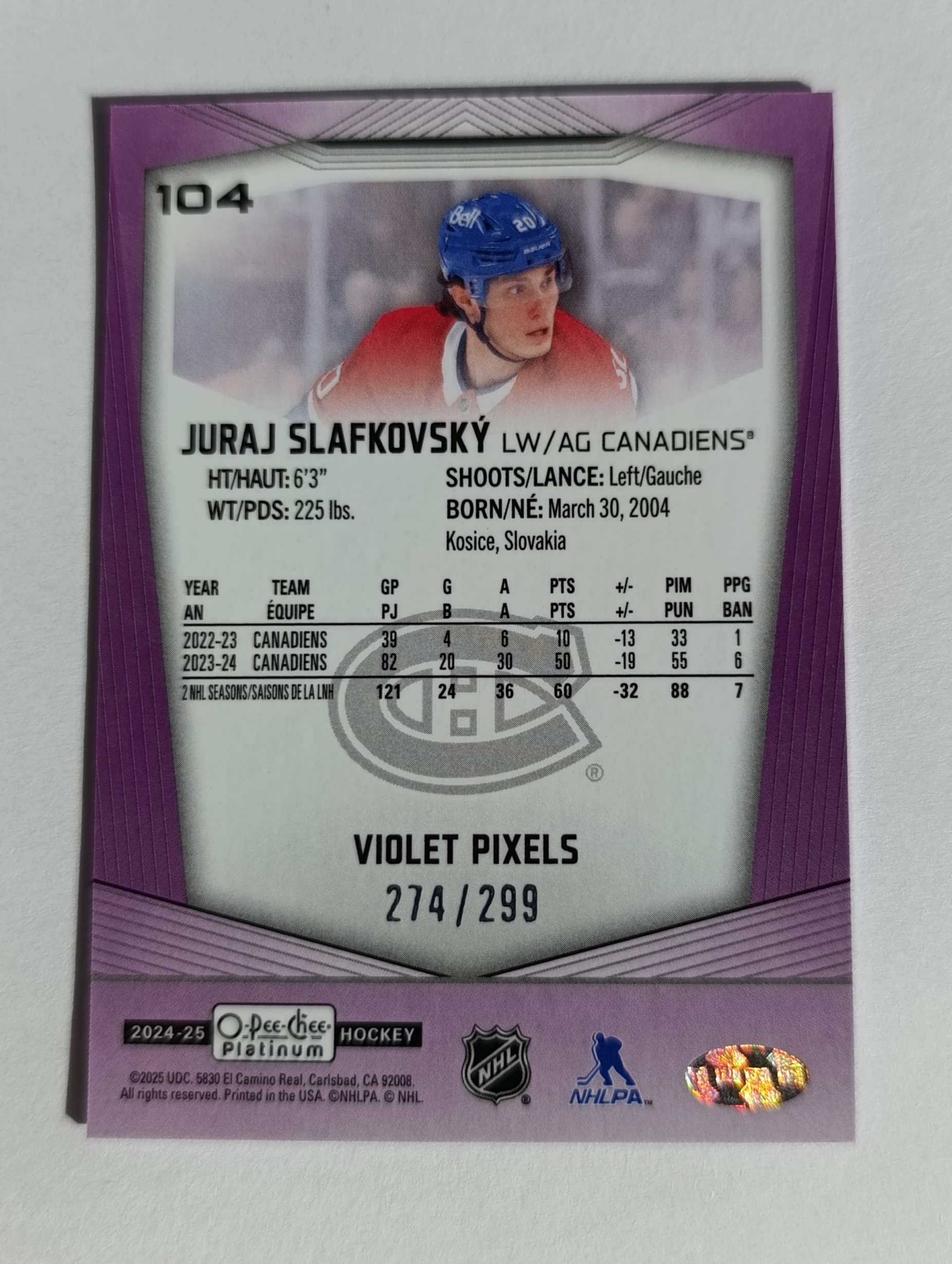Juraj Slafkovský (Montreal Canadiens, Slovensko) – Violet Pixels – 2024-25 O-Pee-Chee Platinum #274/299 – Obrázok 2