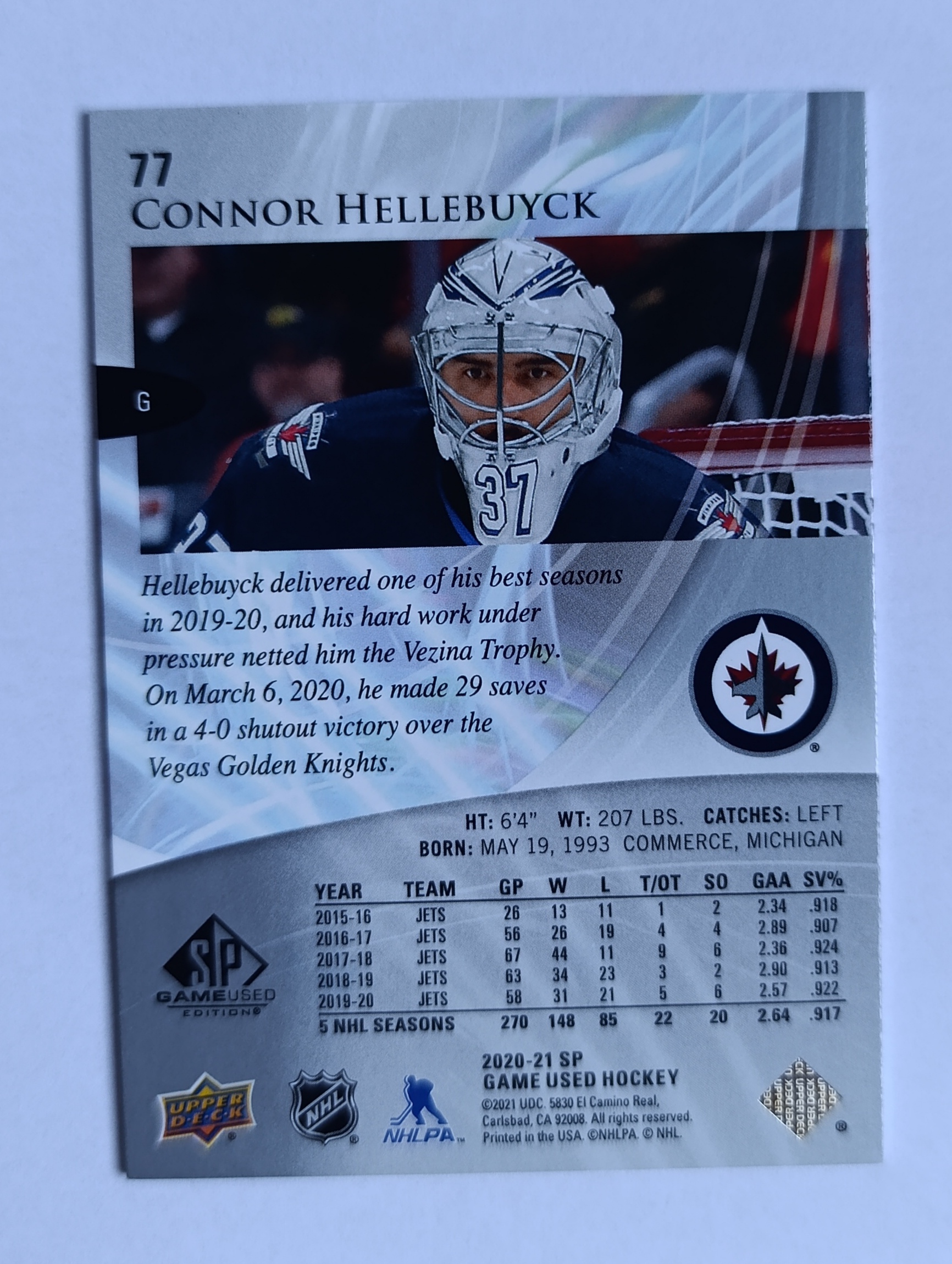 Connor Hellebuyck (Winnipeg Jets, USA) – 2020-21 Upper Deck SP Game Used #18/37 – Obrázok 4
