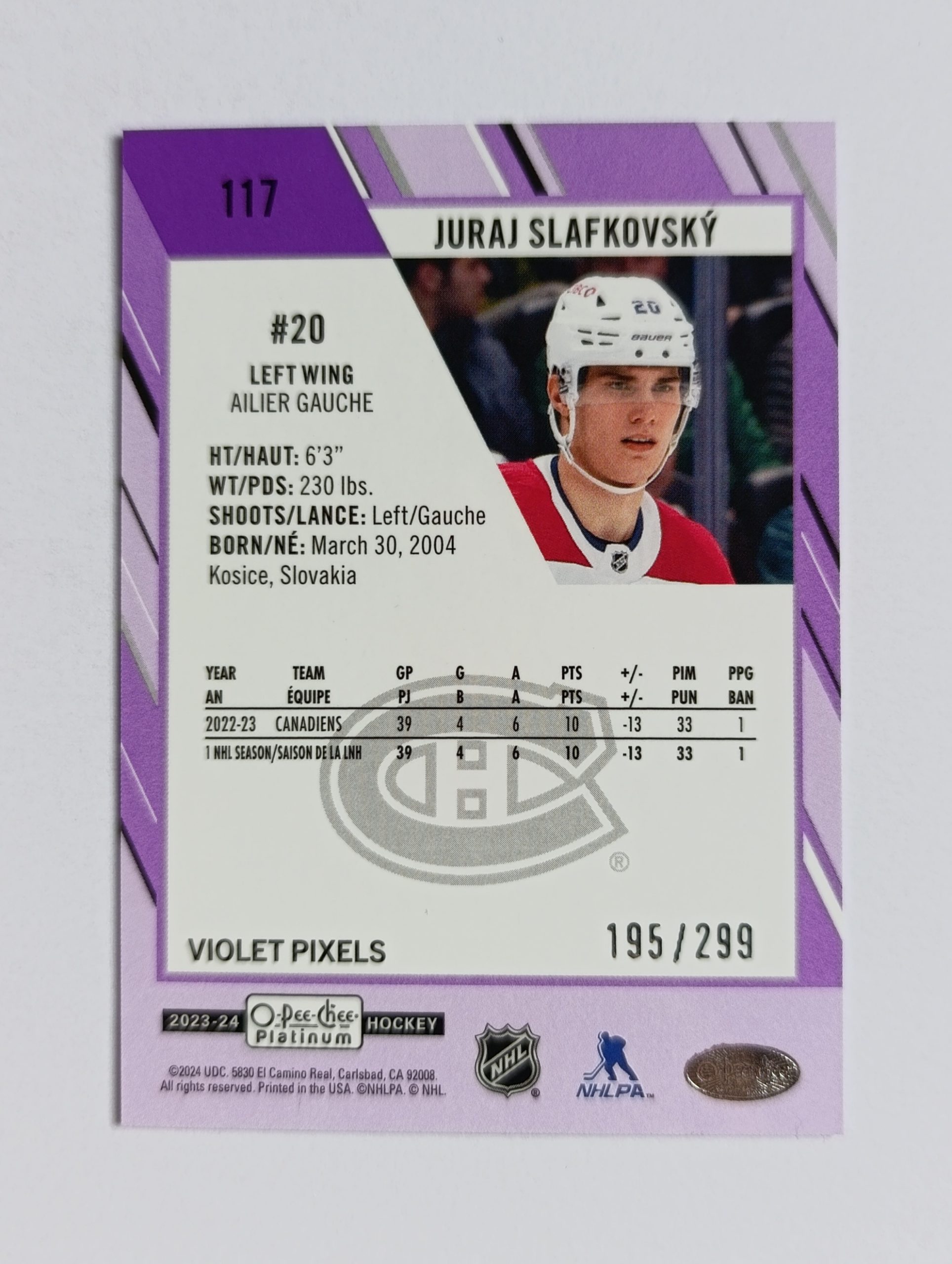 Juraj Slafkovský (Montreal Canadiens, Slovensko) – Violet Pixels – 2023-24 O-Pee-Chee Platinum #195/299 – Obrázok 3