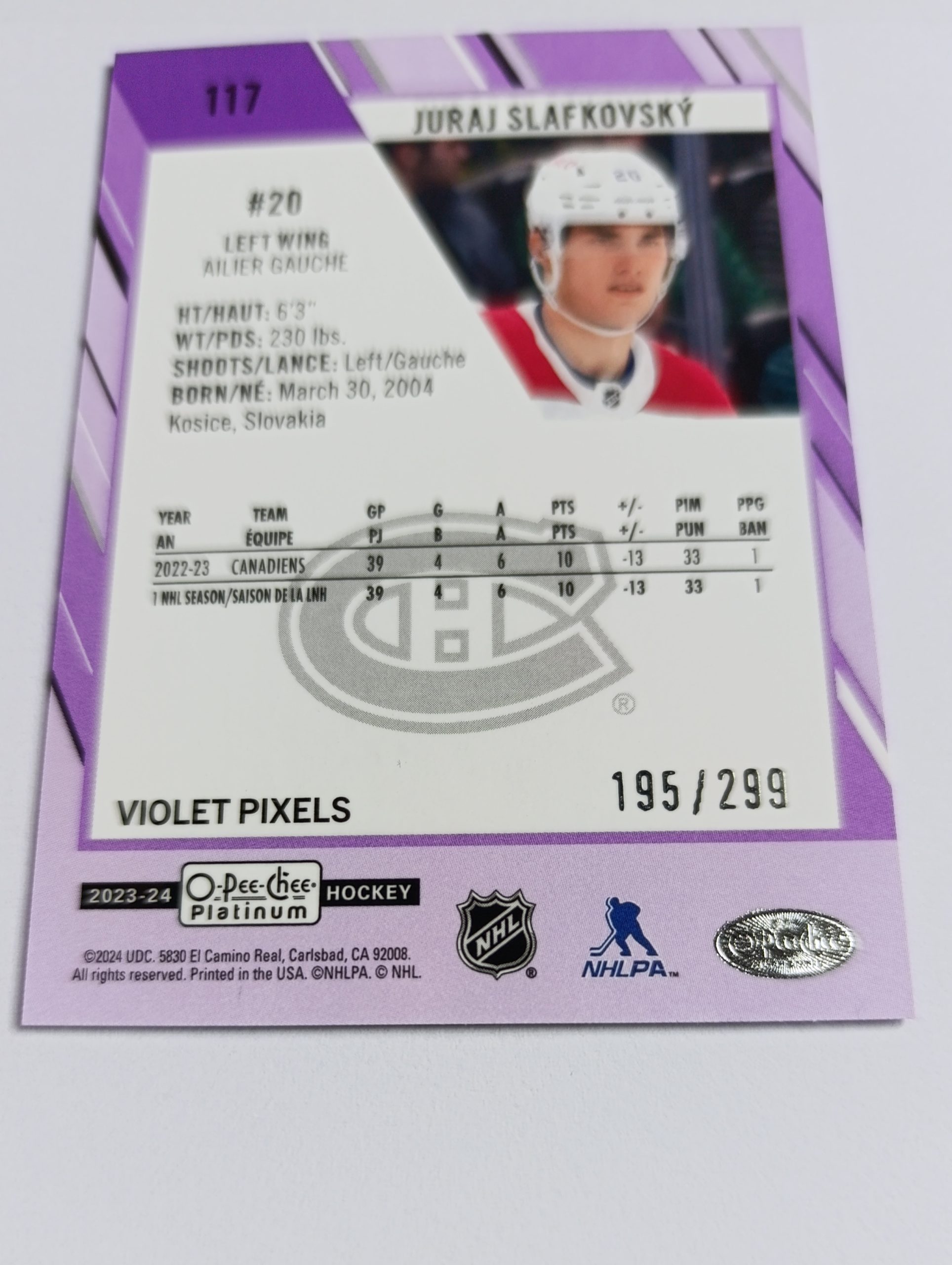 Juraj Slafkovský (Montreal Canadiens, Slovensko) – Violet Pixels – 2023-24 O-Pee-Chee Platinum #195/299 – Obrázok 5