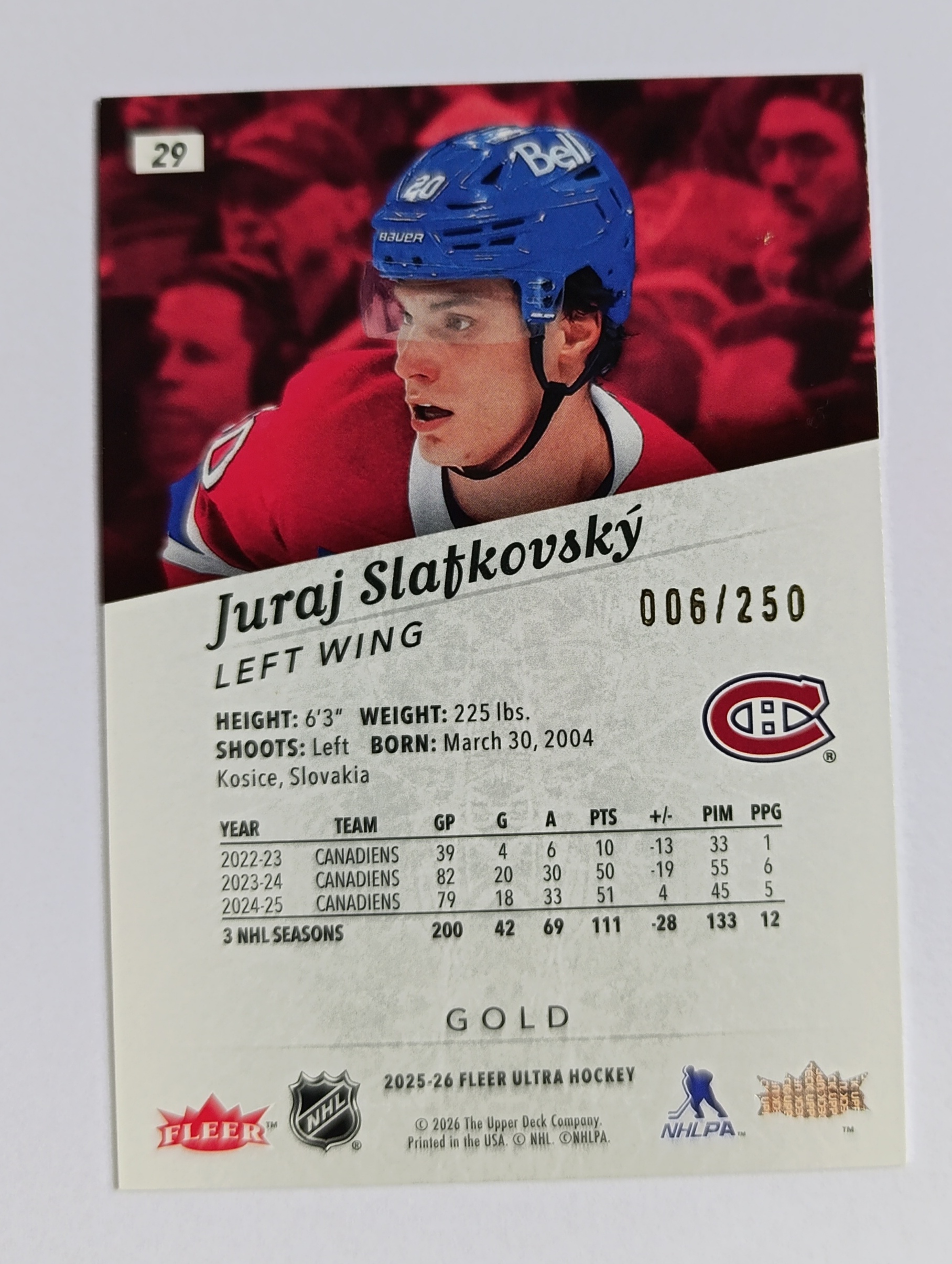 Juraj Slafkovský (Montreal Canadiens, Slovensko) – 2025-26 Upper Deck Fleer Ultra Gold #6/250 – Obrázok 4