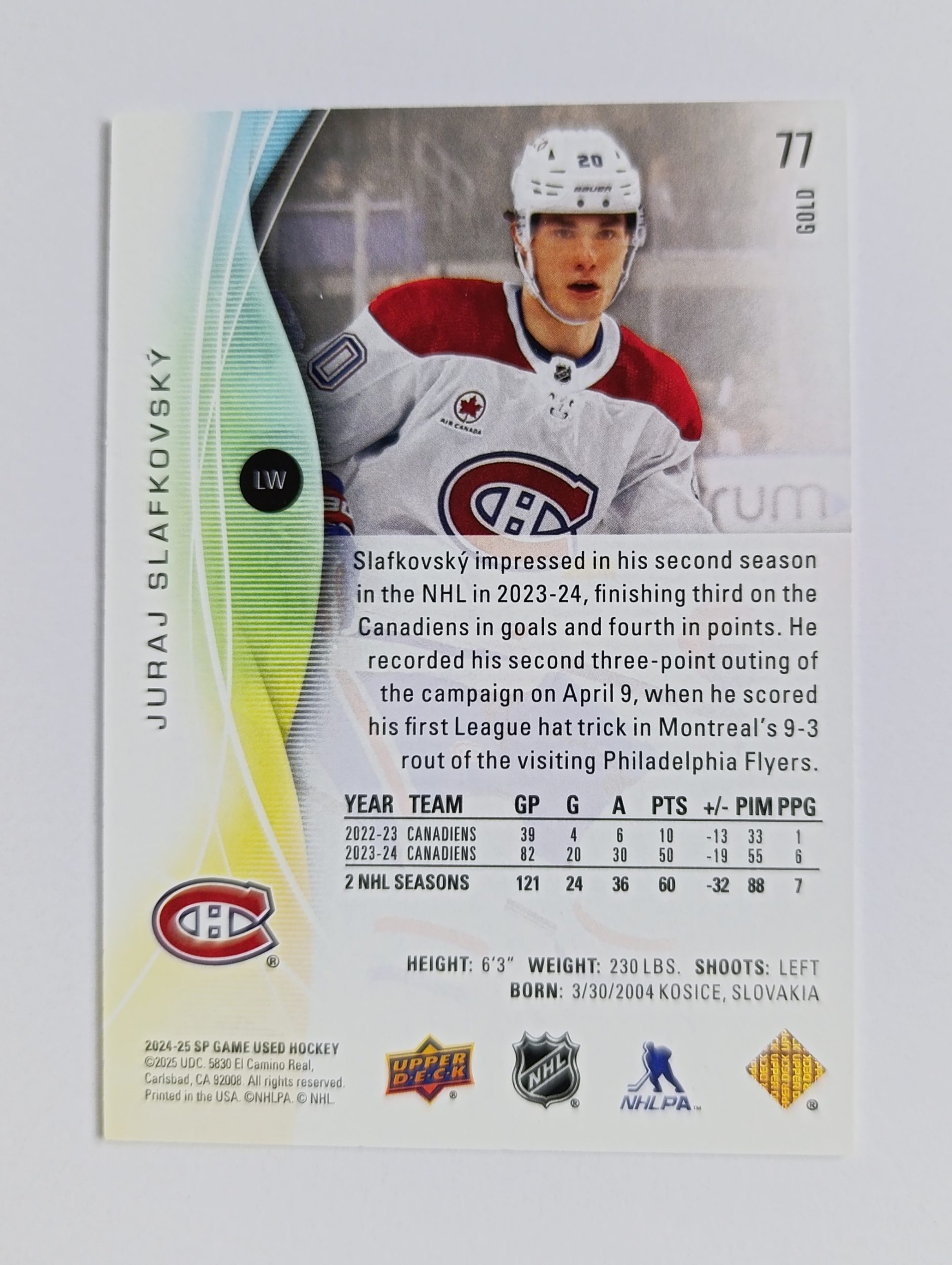 Juraj Slafkovský (Montreal Canadiens, Slovensko) – 2024-25 Upper Deck SP Game Used Gold #67/149 – Obrázok 4